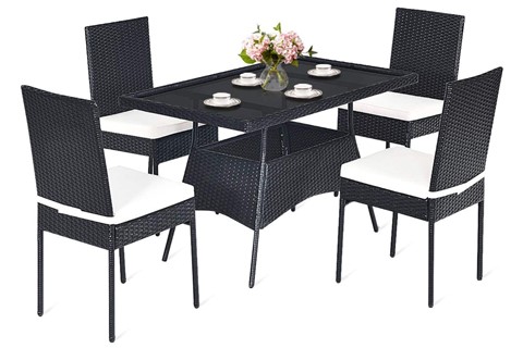 Patio Rattan Dining Set With Glass Top & Removable Cushions