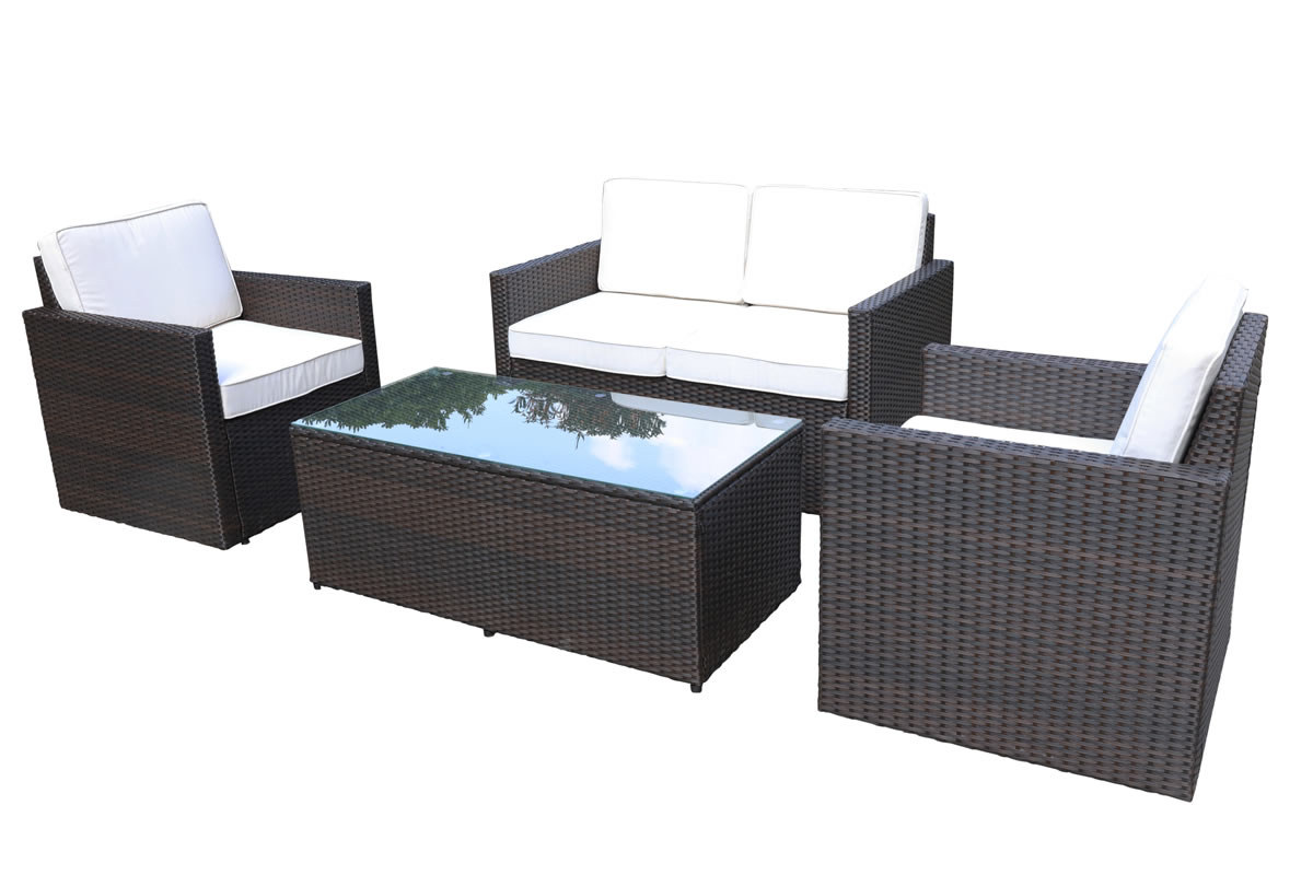 View Brown 4 Seater Synthetic Rattan Garden Lounger Set 2 Seater Sofa 2 x Armchairs Glass Top Coffee Table Cream Cushions Berlin information