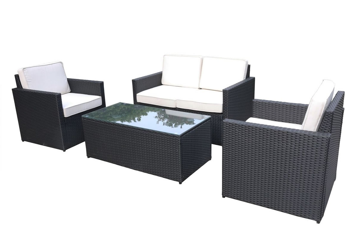 View Black 4 Seater Synthetic Rattan Garden Lounger Set 2 Seater Sofa 2 x Armchairs Glass Top Coffee Table Cream Cushions Berlin information