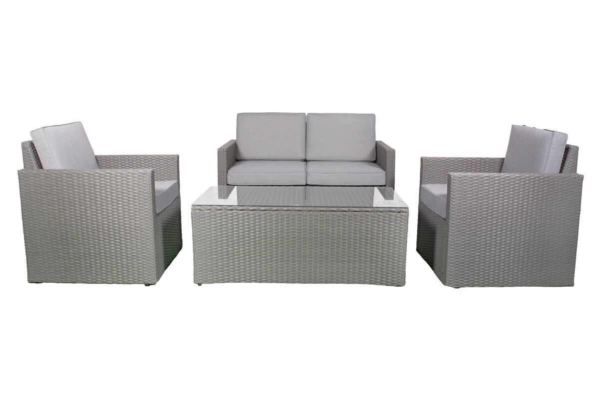 View Grey 4 Seater Synthetic Rattan Garden Lounger Set 2 Seater Sofa 2 x Armchairs Glass Top Coffee Table Cream Cushions Berlin information
