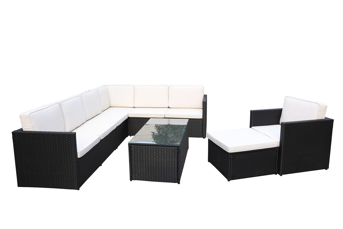 View Black 8 Seater Corner Synthetic Rattan Garden Modular Set Comprises 32 1 Modular Seats Glass Top Coffee Table Single Chair Berlin information