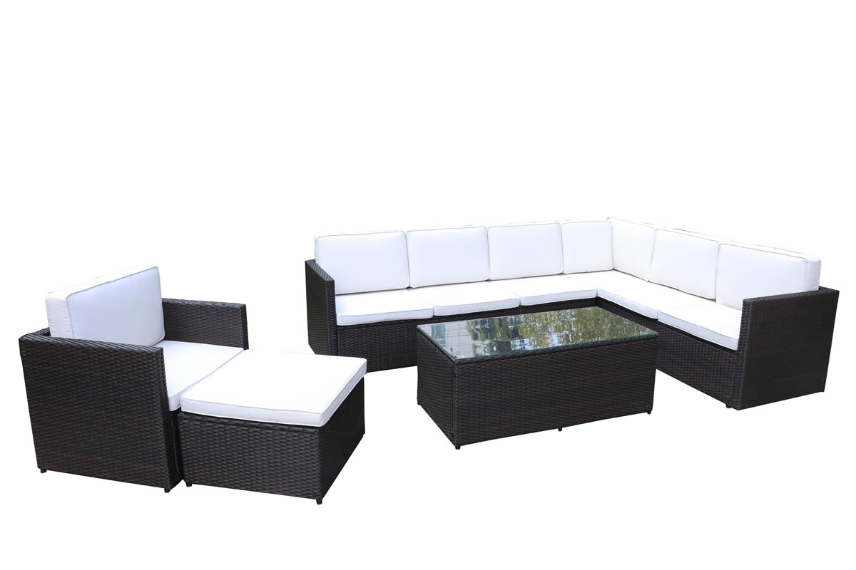 View Brown 8 Seater Corner Synthetic Rattan Garden Modular Set Comprises 32 1 Modular Seats Glass Top Coffee Table Single Chair Berlin information