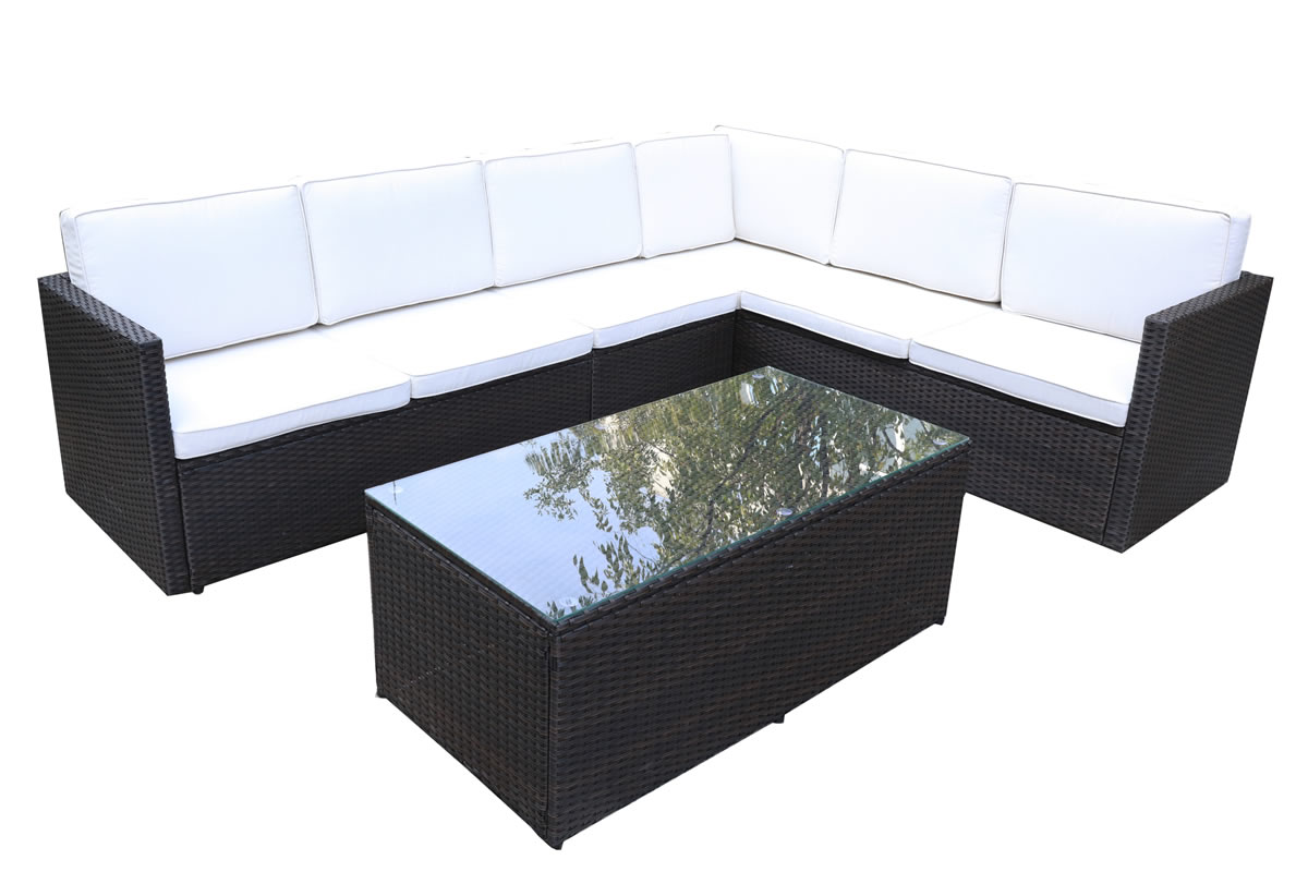View Brown 6 Seater Synthetic Rattan Garden Lounging Set 2 3 Seater Sofa Glass Top Coffee Table Cream Waterproof Cushions Steel Frame Berlin information