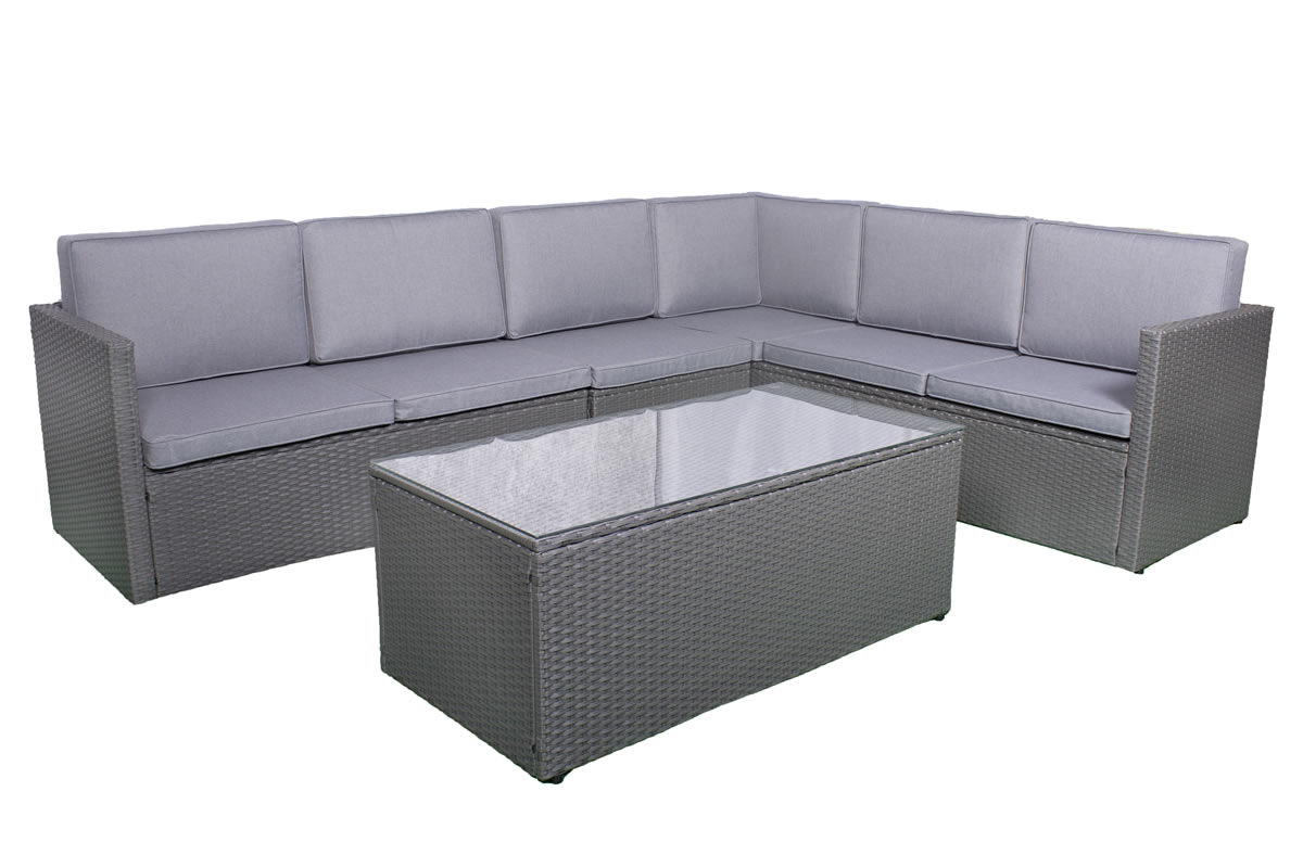 View Grey 6 Seater Synthetic Rattan Garden Lounging Set 2 3 Seater Sofa Glass Top Coffee Table Grey Waterproof Grey Cushions Steel Frame Berlin information