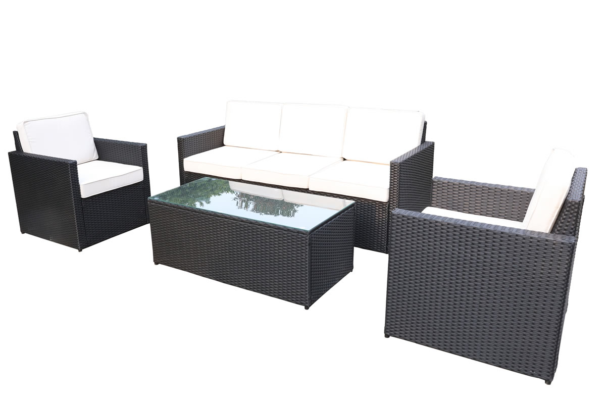 View Black 5 Seater Synthetic Rattan Garden Lounger Set 3 Seater Sofa 2 Armchairs Glass Top Coffee Table Steel Frame Cream Cushions Berlin information