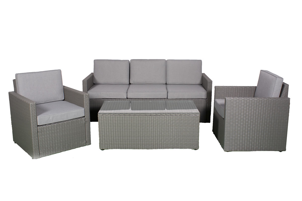 View Grey 5 Seater Synthetic Rattan Garden Lounger Set 3 Seater Sofa 2 Armchairs Glass Top Coffee Table Steel Frame Cream Cushions Berlin information