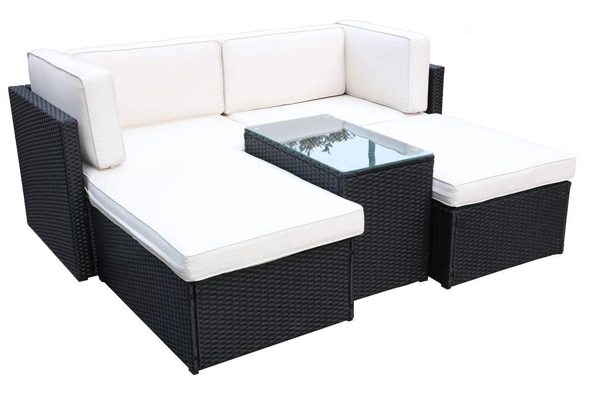 View Black 4 Seater Synthetic Rattan Garden Relaxer Set 2 x Corner Chairs Footrests Glass Top Coffee Table Cream Cushions Steel Frame Berlin information