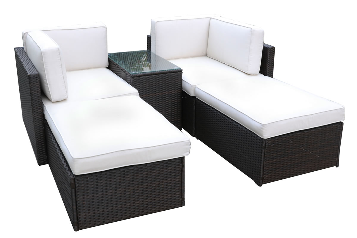 View Brown 4 Seater Synthetic Rattan Garden Relaxer Set 2 x Corner Chairs Footrests Glass Top Coffee Table Cream Cushions Steel Frame Berlin information