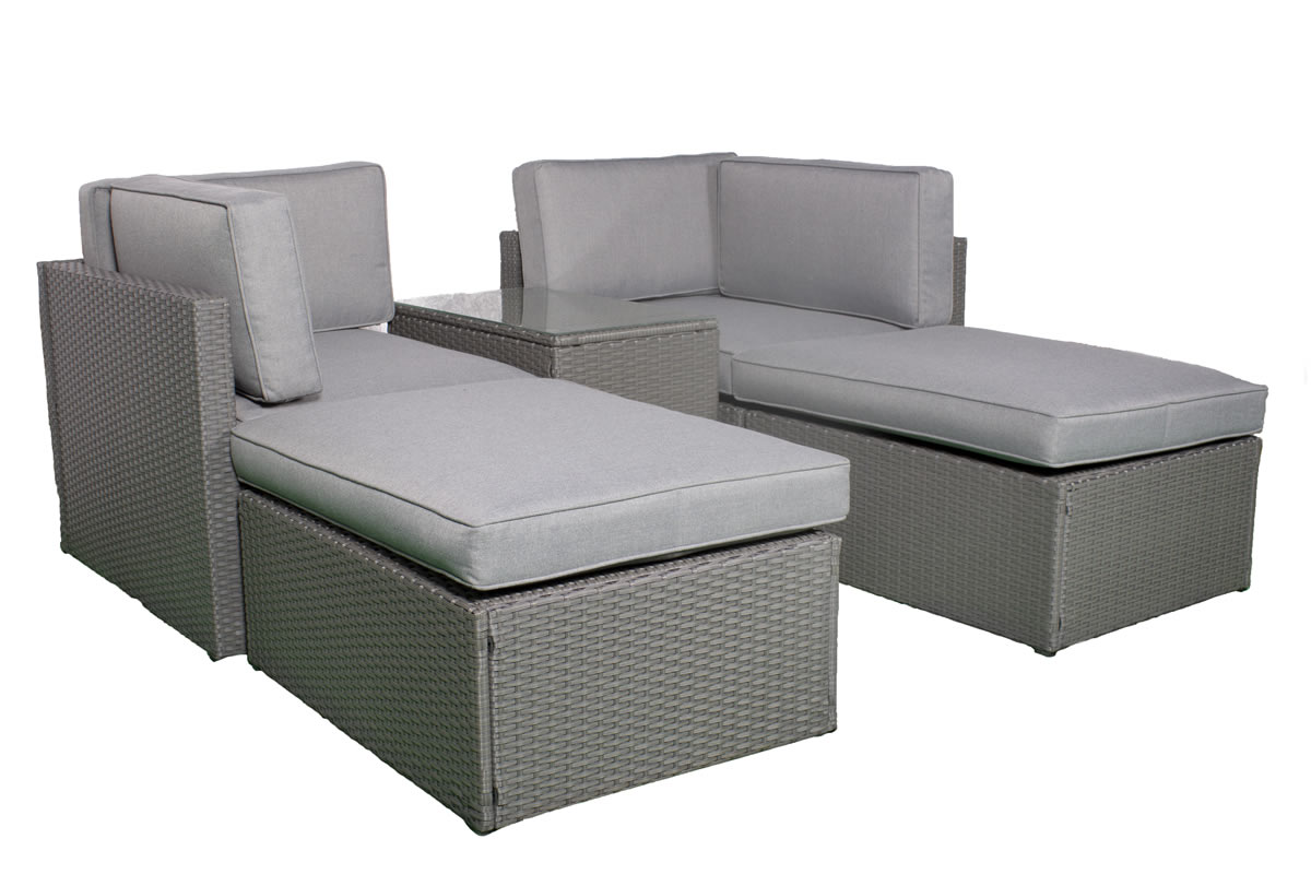 View Grey 4 Seater Synthetic Rattan Garden Relaxer Set 2 x Corner Chairs Footrests Glass Top Coffee Table Grey Cushions Steel Frame Berlin information