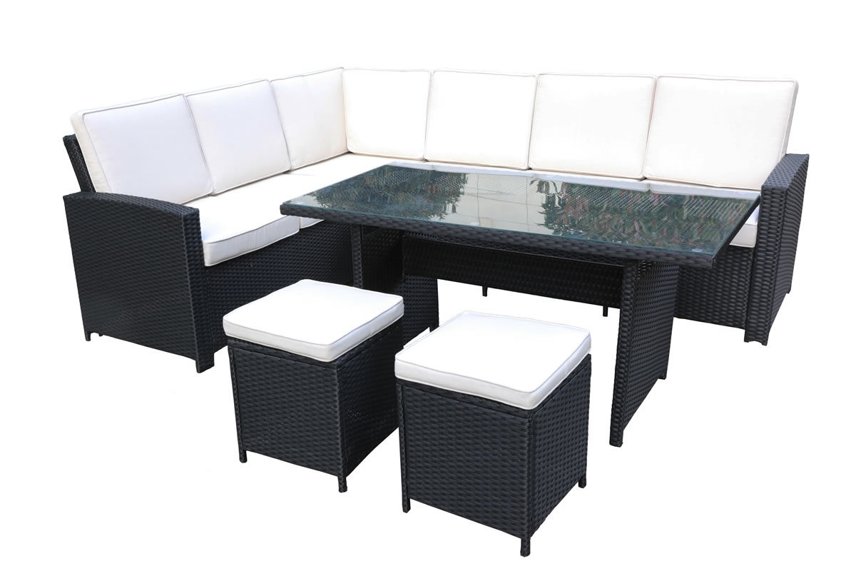 View Black 8 Seater Synthetic Rattan Garden Corner Dining Set Corner 3 Seat Sofa Arm Sofa 2 Footstools Glass Top Table Cream Cushions Berlin information