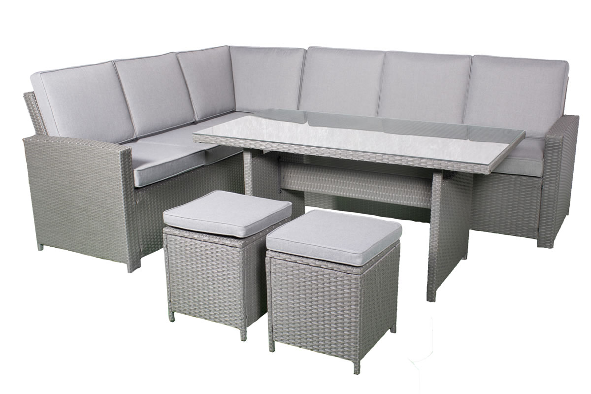 View Grey 8 Seater Synthetic Rattan Garden Corner Dining Set Corner 3 Seat Sofa Arm Sofa 2 Footstools Glass Top Table Grey Cushions Berlin information