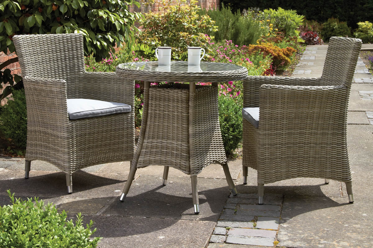 View Wentworth 2 Seater Round Rattan Garden Dining Bistro Set High Back Carver Arm Chairs Deeply Padded Cushions Included Glass Table Top information
