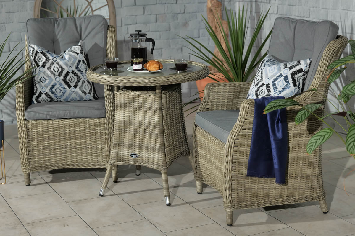 View Wentworth Rattan 2 Seater High Back Round Bistro Set Weather Resistant Synthetic Rattan Tempered Glass Table Top Deeply Padded Cushions information