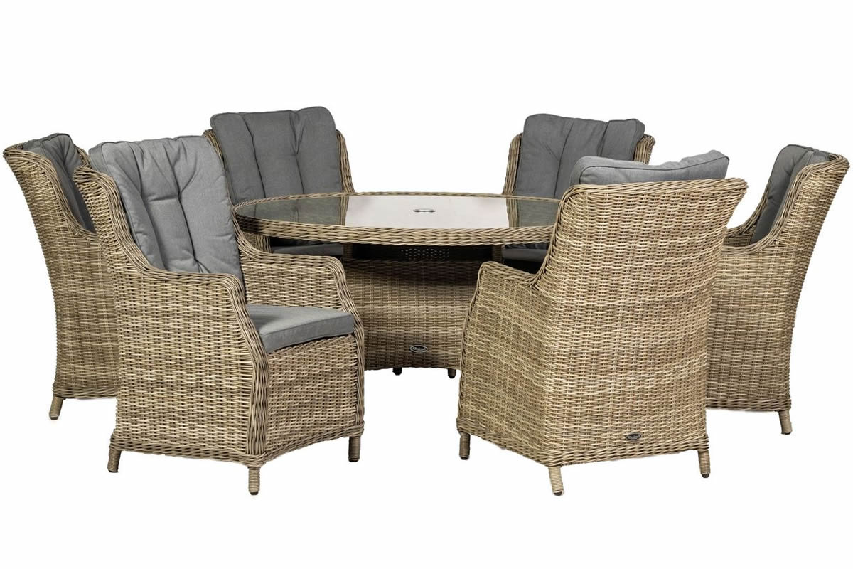 View Wentworth 6 Seater Rattan Garden Dining Set High Back Chairs Deeply Padded Seat Cushions Tempered Glass Table Top With Parasol Hole Royalcraft information