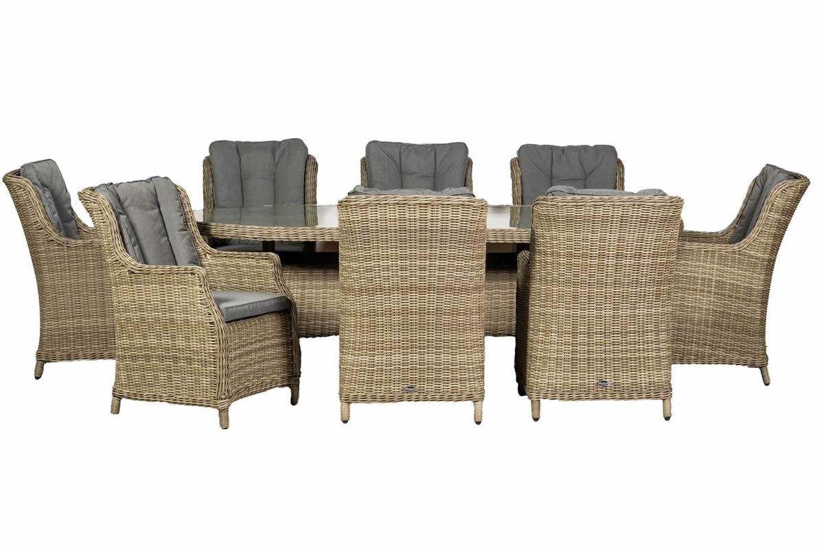 View Wentworth Oval Table 8 Seater Rattan Garden Dining Set Imperial High Back Rattan Chairs Deeply Padded Weather Resistant Cushions Royalcraft information