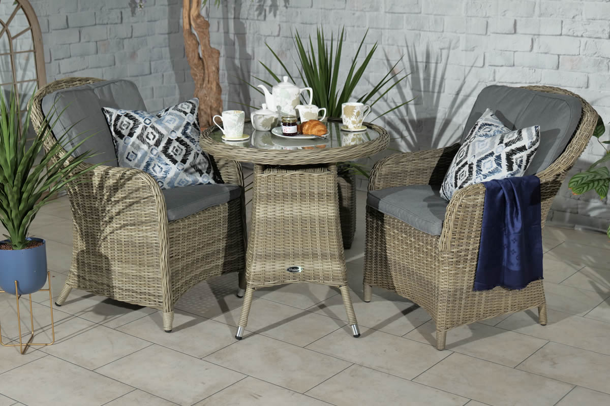 View Wentworth 2 Seater Rattan Round Garden Dining Bistro Set Imperial High Back Weather Resistant Rattan Chairs Glass Tempered Table Top Royalcraft information