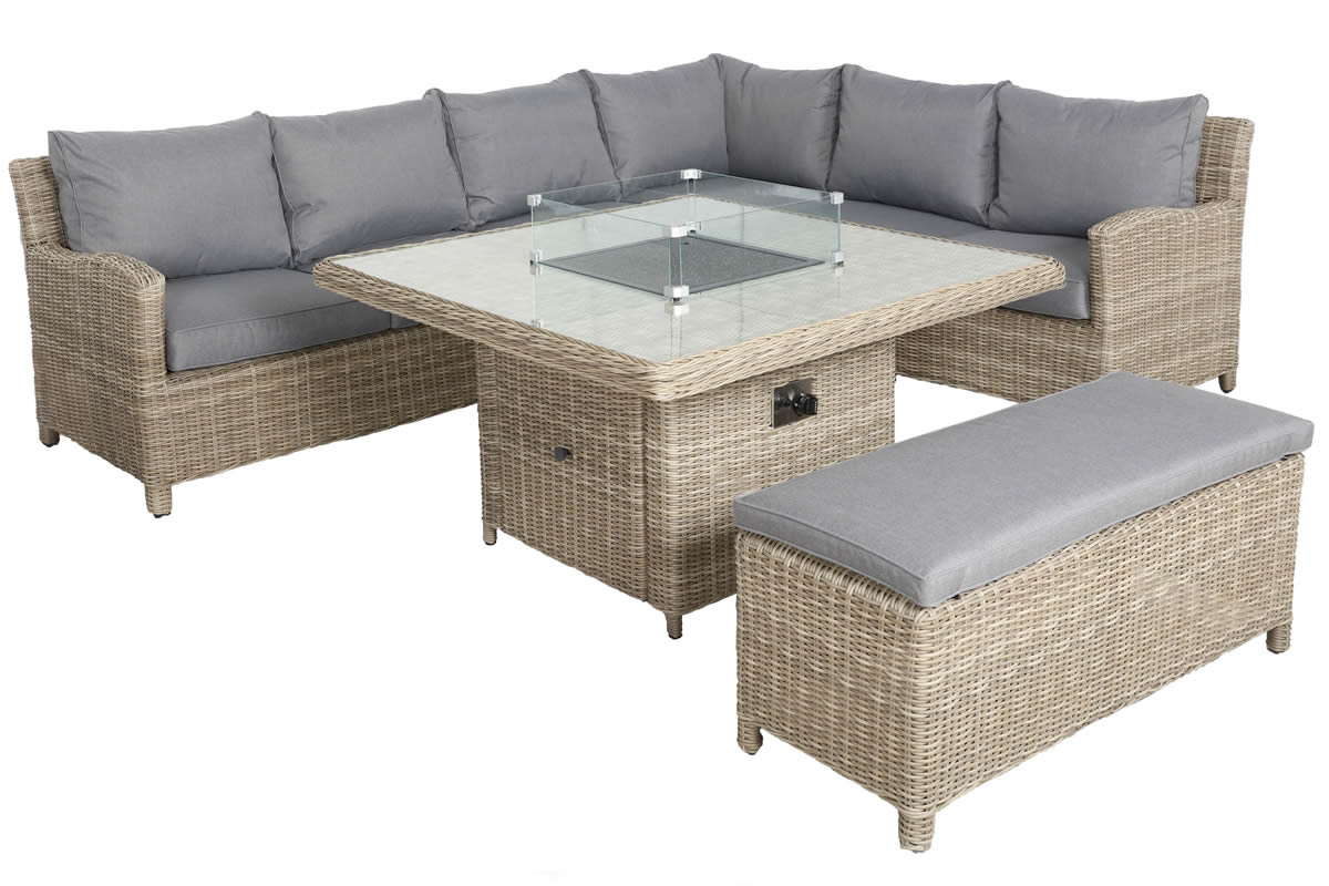 View Wentworth Rattan Garden Corner Lounging Dining Set Patio Corner Dining Seats 0 People Glass Top Table With Fire Pit Centre Royalcraft information