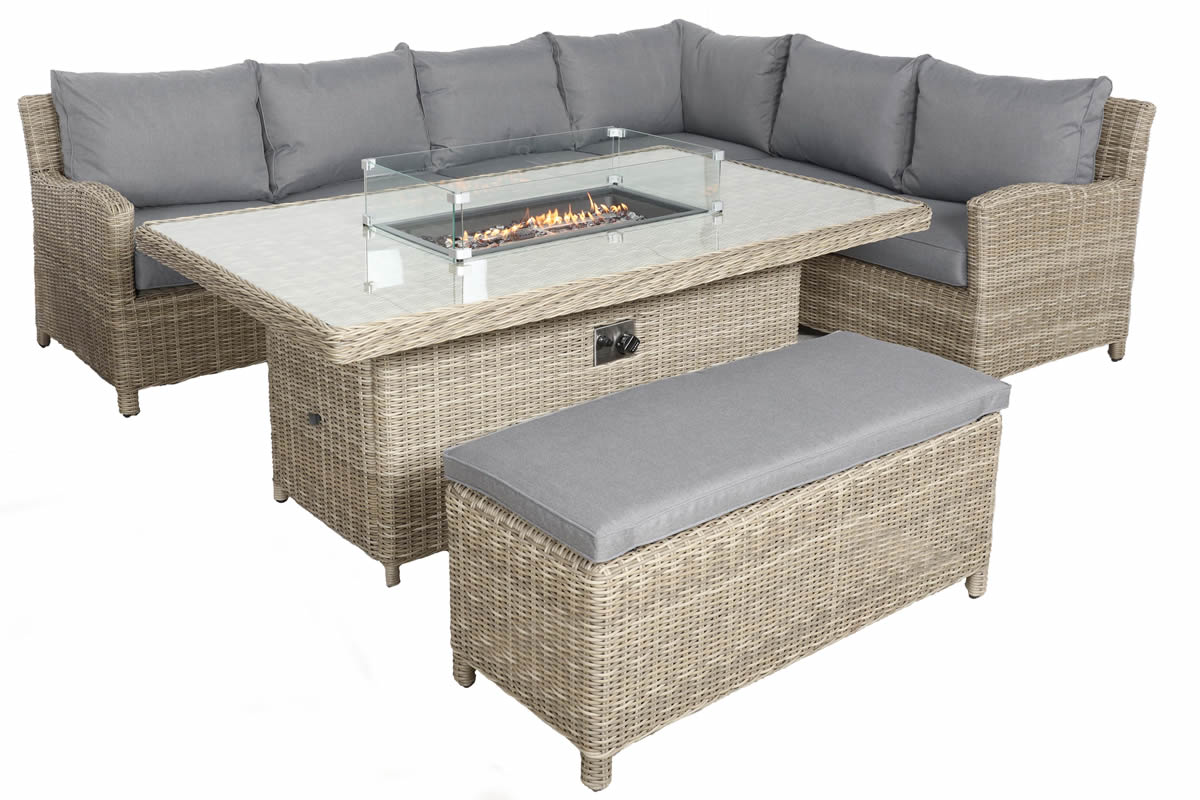 View Wentworth Rattan Garden Corner Lounging Dining Set Includes Fire Pit Rust Free Steel Frame Synthetic Half Round Rattan Royalcraft information