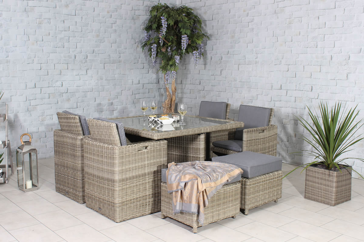 View Wentworth Six Seater Cube Dining Set With Table Footstools Tempered Glass Table Top Weather Resistant Deeply Padded Cushions Royalcraft information