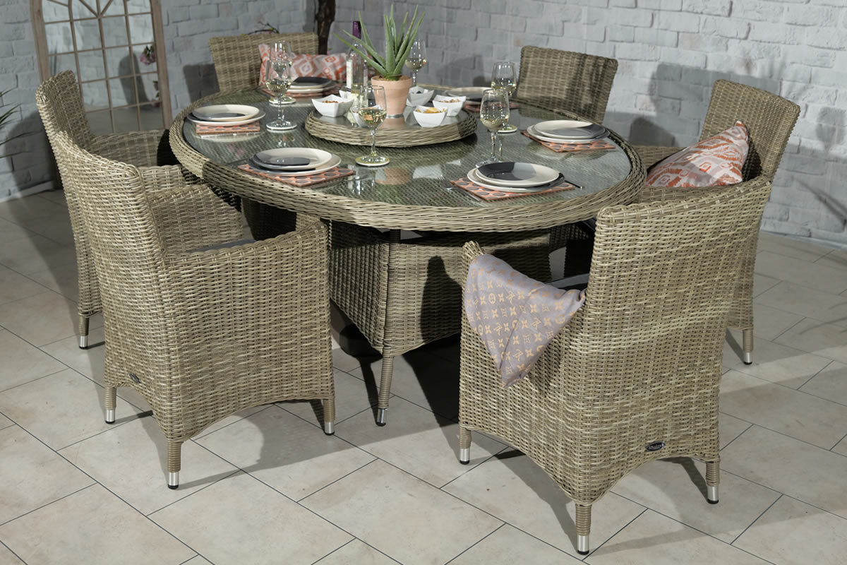 View Wentworth 6 Seater Rattan Garden Dining Set High Back Carver Chairs Deep Padded Cusions Oval Table With Tempered Glass Top Rain Resistant information