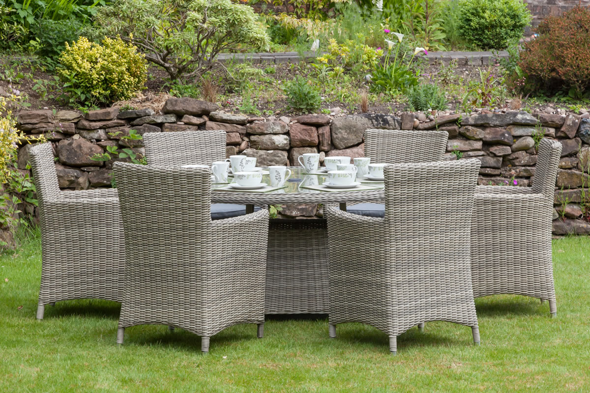 View Wentworth 6 Seater Rattan Round Outside Garden Dining Set Robust WeatherResistant Carver Chairs Deeply Padded Cushions Glass Table Top information