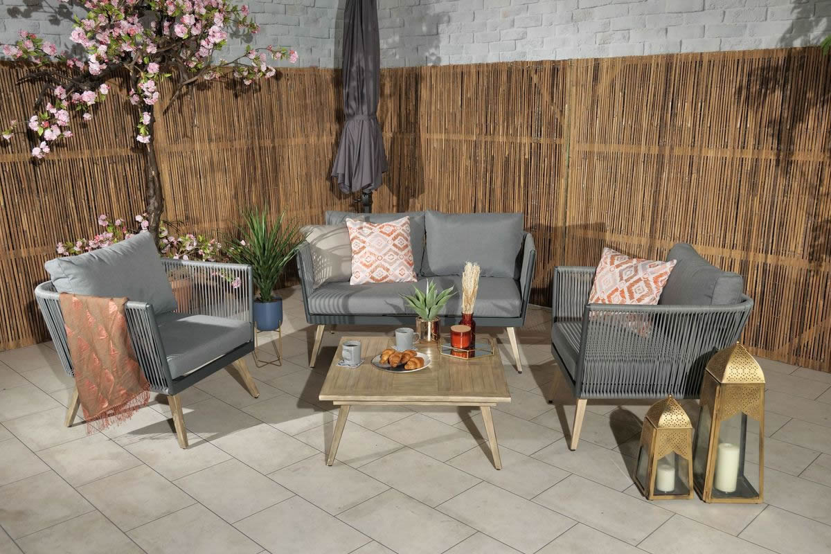 View Grey Metal Rattan 4 Seater Garden Lounging Set 2 Seater Sofa 2 Armchairs Wooden Feet Grey Padded Cushions Wooden Coffee Table Milan information