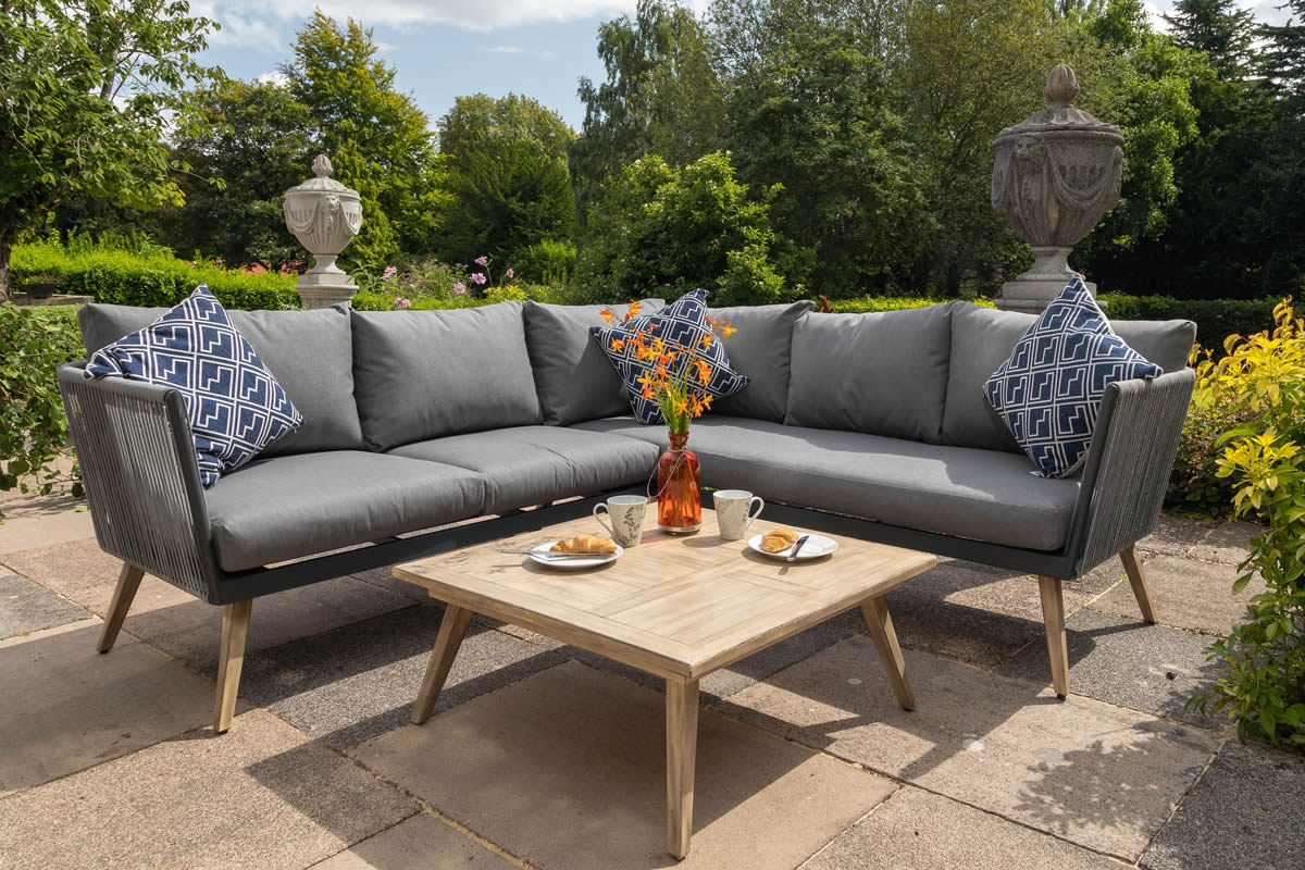 View Grey Metal Synthetic Rattan Corner Garden Lounging Set 2 3 Seater Sofa with Wooden Legs Grey Padded Cushions Wooden Coffee Table Milan information