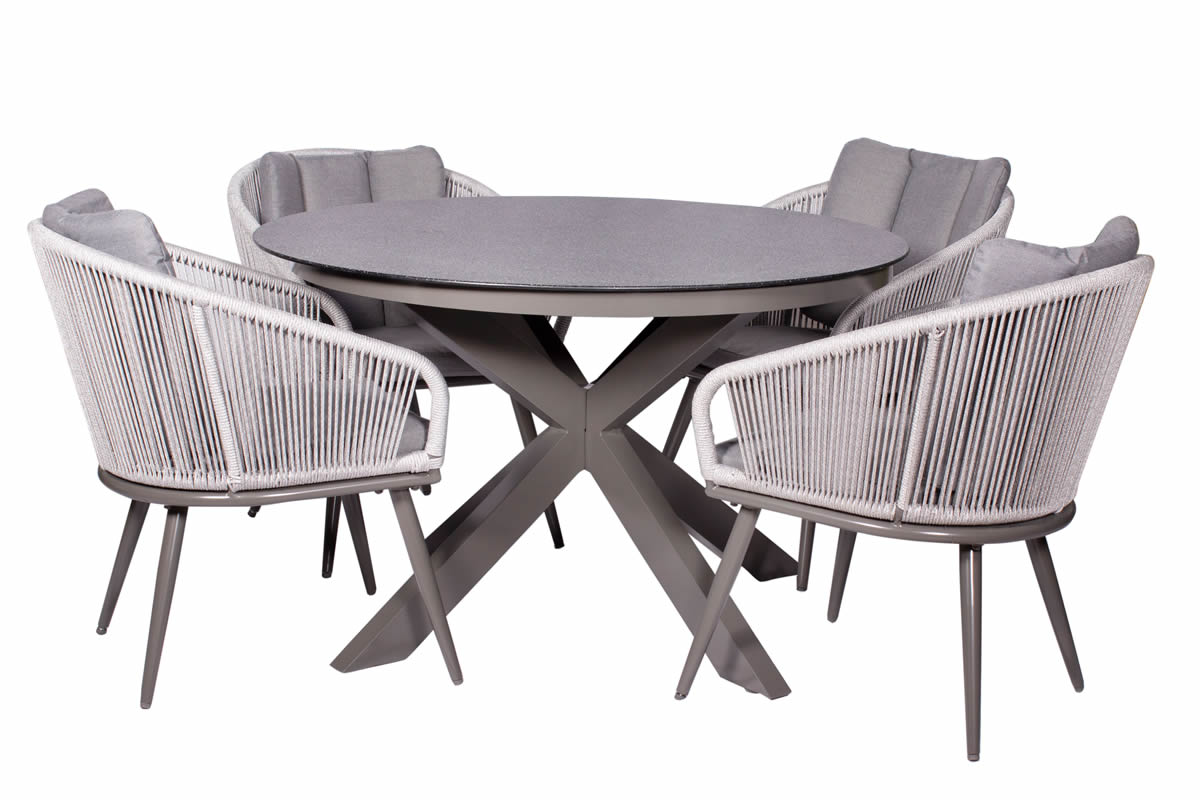 View Grey Rattan Patio Dining Set 4 Rope Weave Chairs Round 8mm Table With Cross Leg Design Stone Glass Table Top Weather Proof Cushions Aspen information