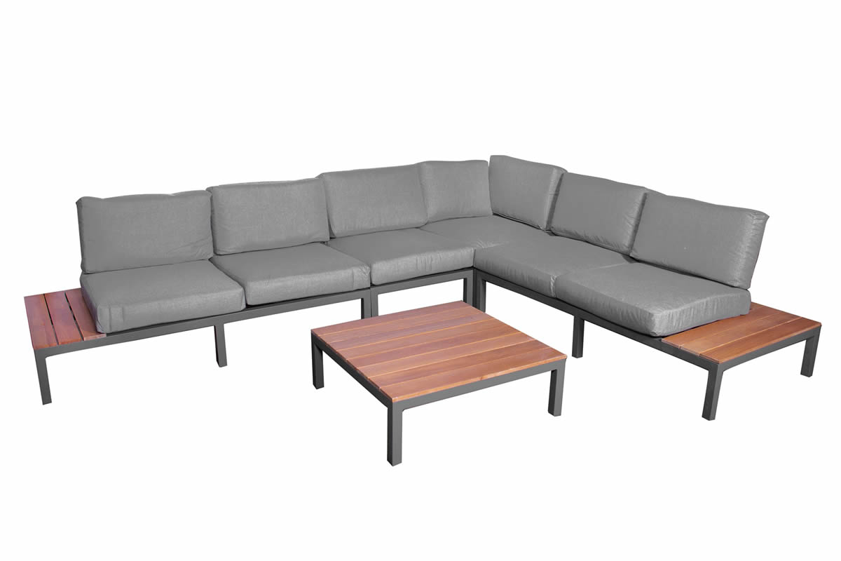 View Grey Metal 6 Seater Modular Corner Sofa Set Teak Coffee Table Numerous Seating Options Aluminium Frame Weatherproof Cushions Aspen information