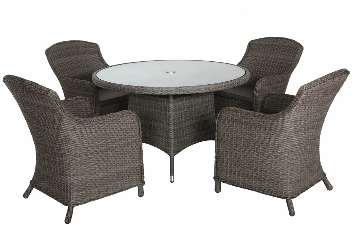 View Paris Rattan Round 4 Seater Outdoor Garden Dining Set with High Back Imperial Style Chairs Padded Weather Resistant Cushions Inset Glass Top information