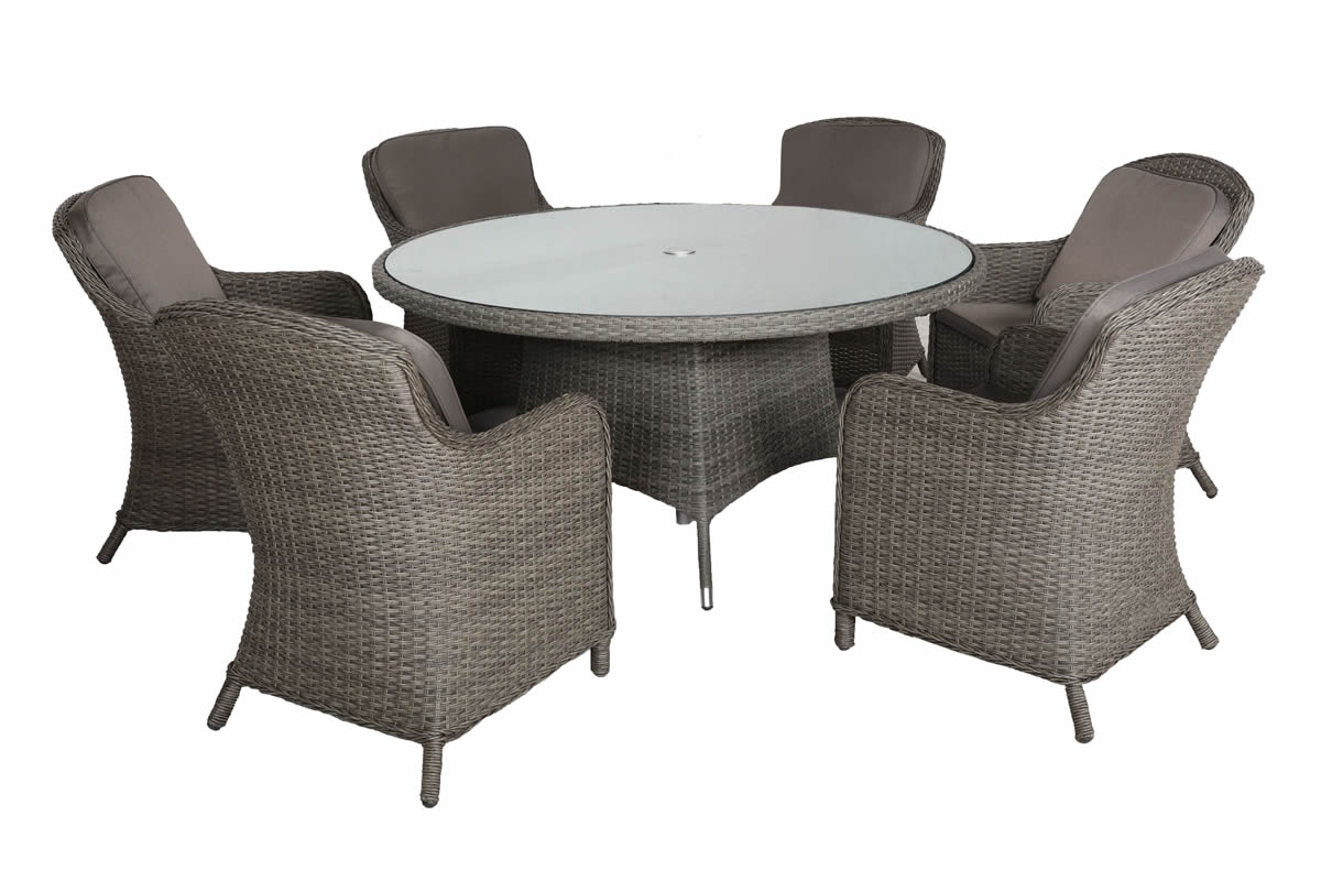 View Paris Rattan Round 6 Seater Outdoor Garden Dining Set with High Back Imperial Style Chairs Padded Weather Resistant Cushions Inset Glass Top information