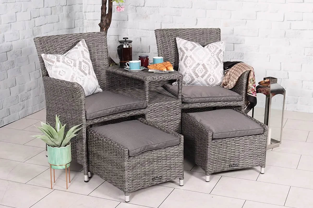 View Paris Fixed 2 Chair Garden Patio Lounging Companion Seat Set Includes Two Chair And Two Pull Out Stools In Synthetic Rattan Rain Resistant Cushion information