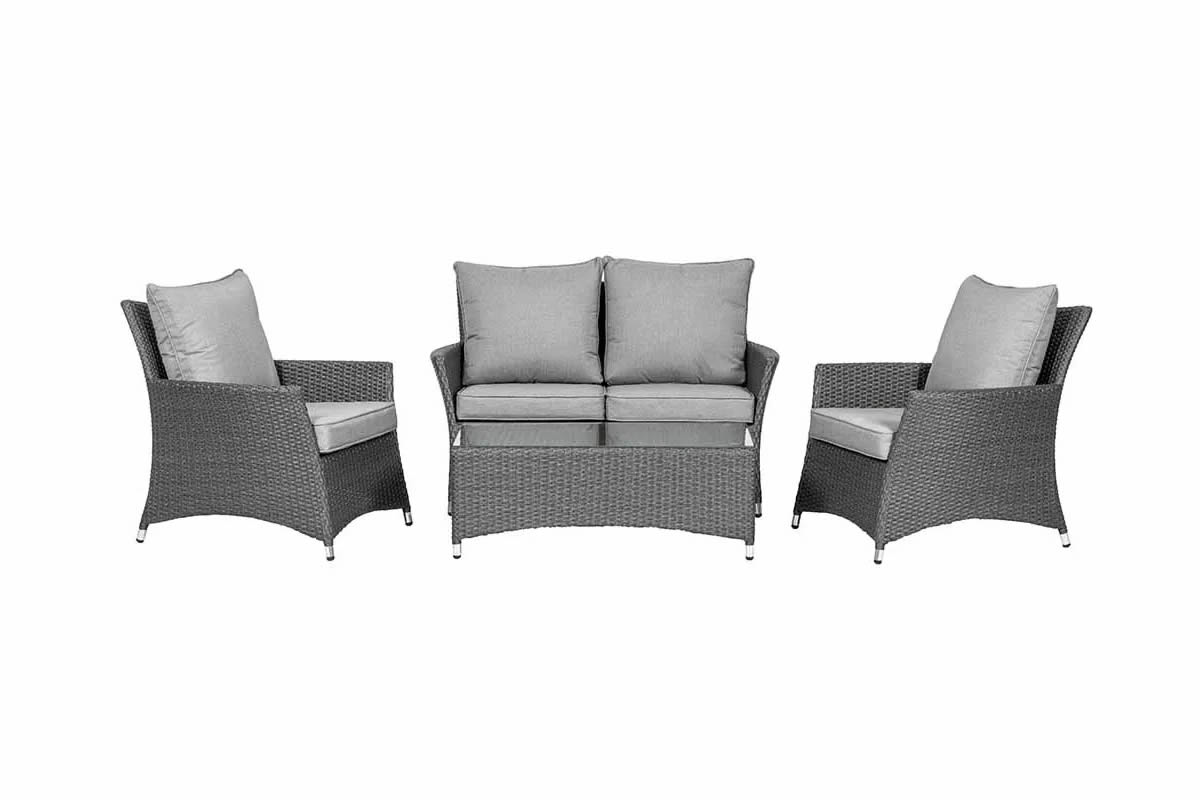 View Paris Rattan 4 Seater Sofa Set Includes 2 Seater 2 Chairs Coffee Table With Glass Inserted Top Rust Free Aluminium Frame Weather Resistant information