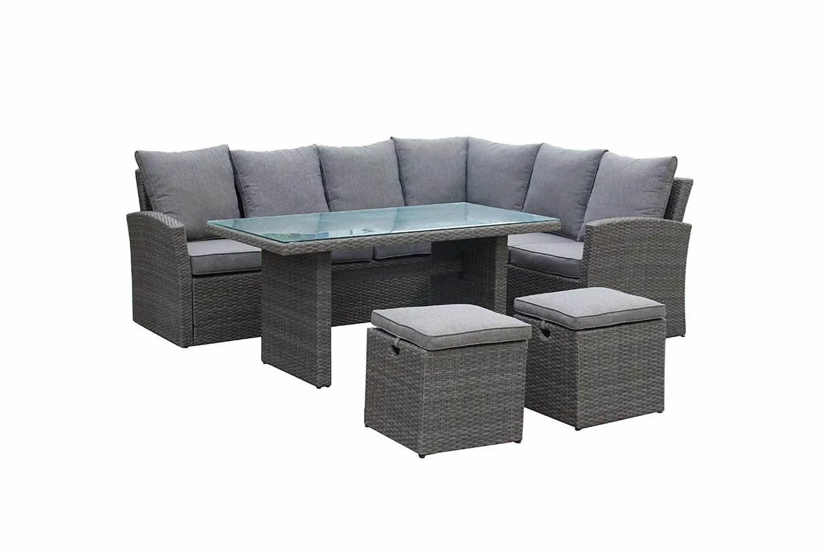 View Parisian Rattan Outdoor Garden Corner Sofa Dining Set With 2 Footstools Seats 8 People Deeply Padded Weather Resistant Seat Back Cushions information