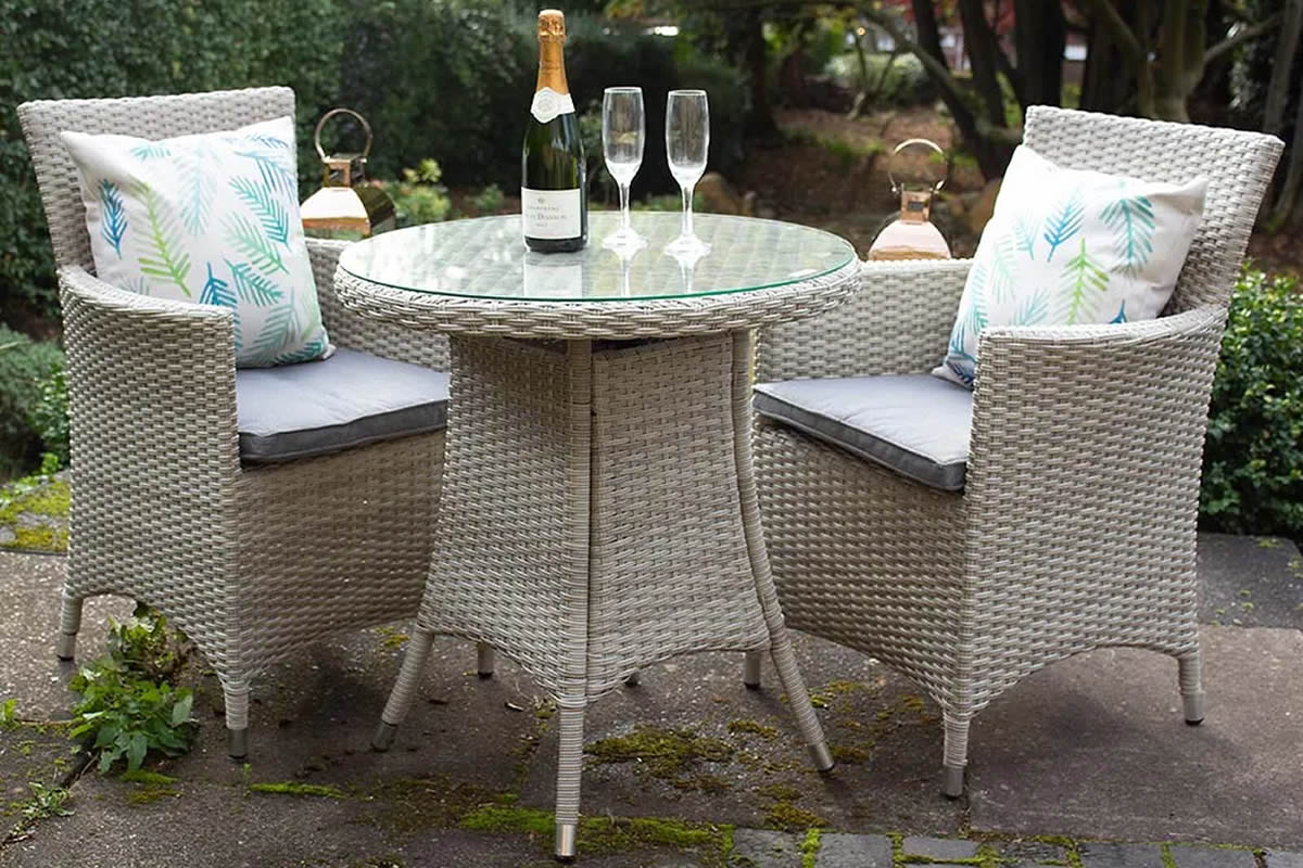 View Cream Synthetic Rattan 2 Seater Garden Bistro Set 2 Carver Chairs With Grey Seat Cushions 70cm Round Glass Top Table Aluminium Frame Lisbon information