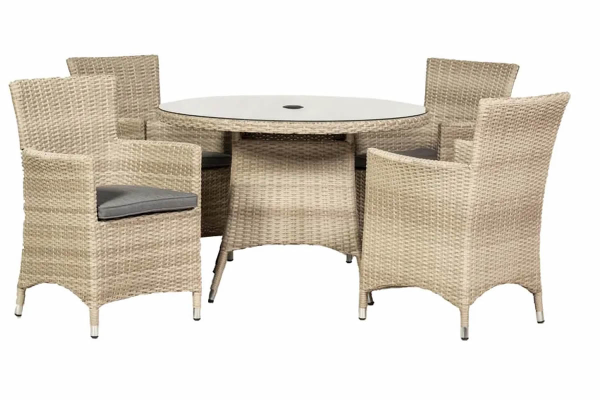 View Cream Synthetic Rattan 4 Seater Patio Dining Set 4 Calver Style Chairs With Grey Cushions Round Glass Top Table Steel Frame Lisbon information