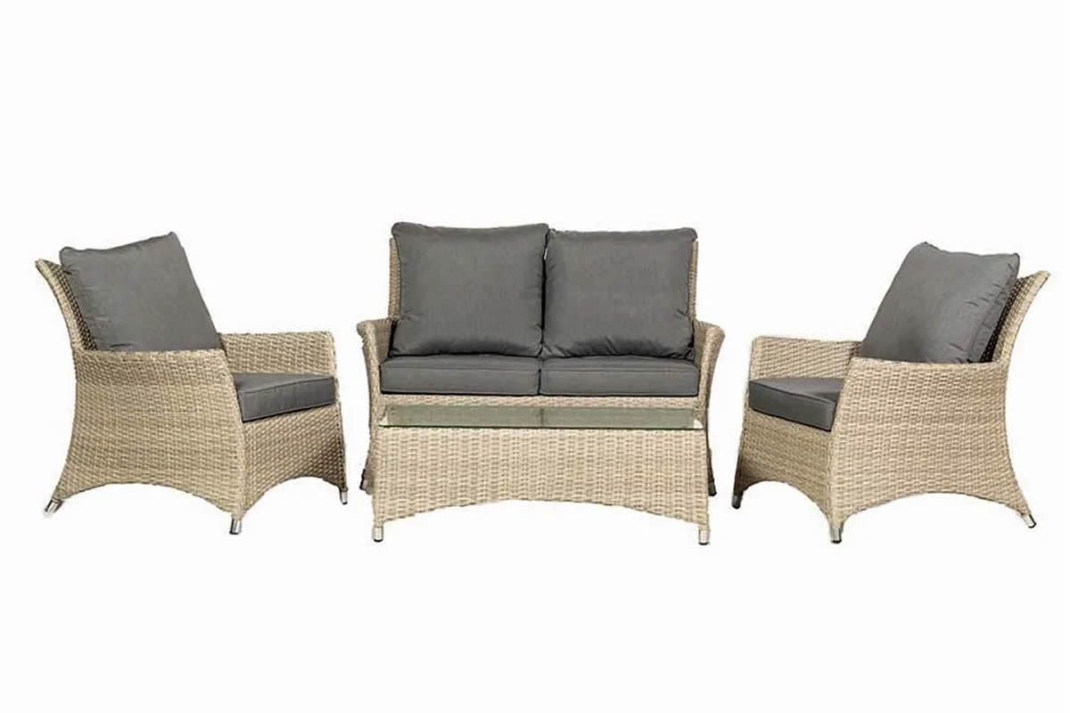 View Cream Synthetic Rattan Garden Deluxe 4 Seater Set 4 Pieces 2 Seater Sofa With 2 Armchairs Glass Top Coffee Table Grey Padded Cushions Lisbon information