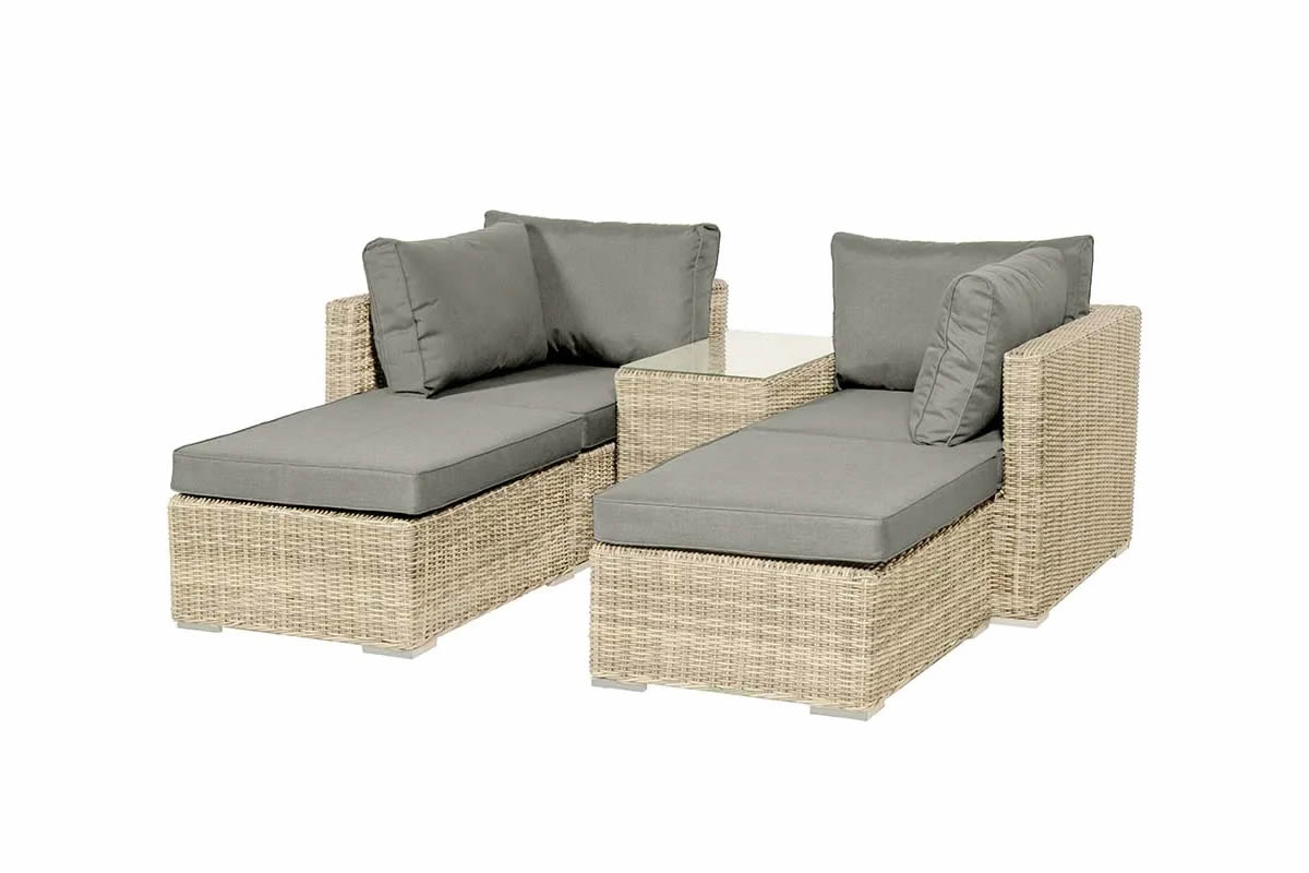 View Cream Rattan 4 Seater Garden Relaxer Set 2 Corner Chairs Stools With Glass Top Side Table Weather Shield Cushions Aluminium Frame Lisbon information