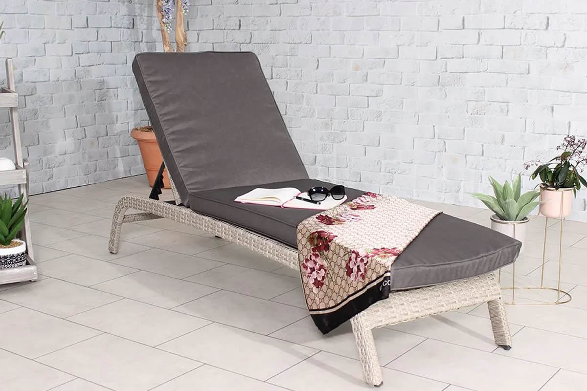 View Cream Rattan PE Wicker Garden Sunlounger Adjustable MultiPoint Backrest Powder Coated Aluminium Frame Grey Padded Cushion Lisbon information