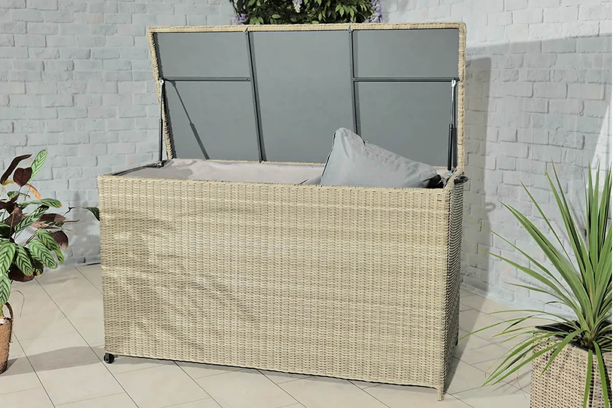 View Cream Synthetic Rattan Garden Cushion Storage Box Zipped Inner Lining Aluminium Frame 1140 Litre Storage Capacity Lisbon information