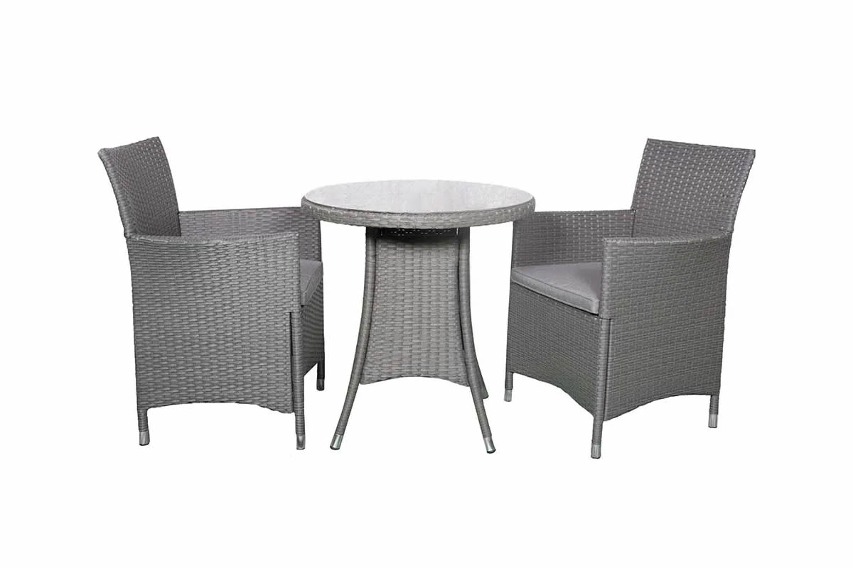 View Grey Synthetic Rattan 2 Seater Garden Bistro Set 2 Stackable Armchairs With Waterproof Grey Cushions Round Table With Black Glass Top Cannes information