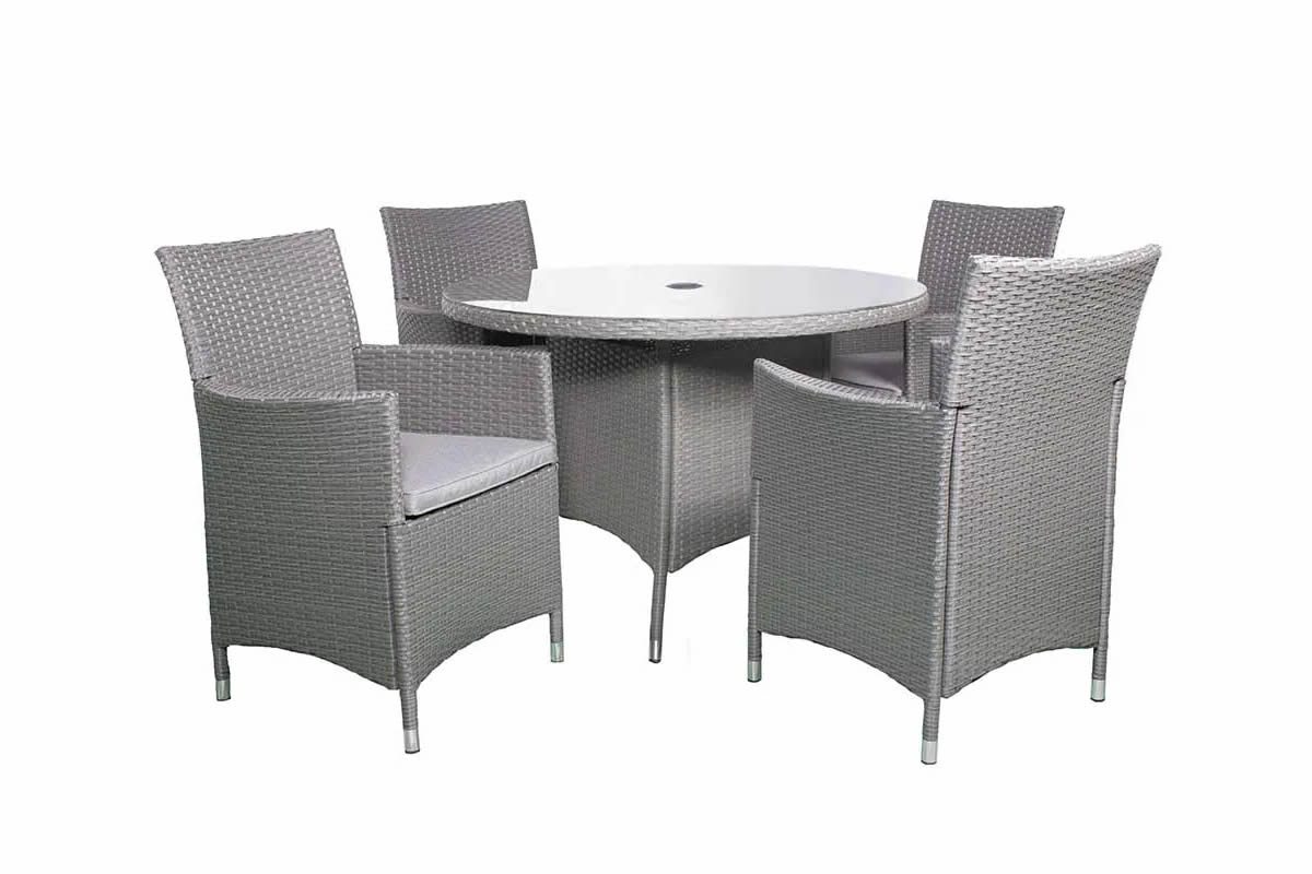 View Grey Synthetic Rattan 4 Seater Patio Dining Set 4 High Back Stacking Chairs Grey Seat Cushions Round Table With Glass Top Cannes information