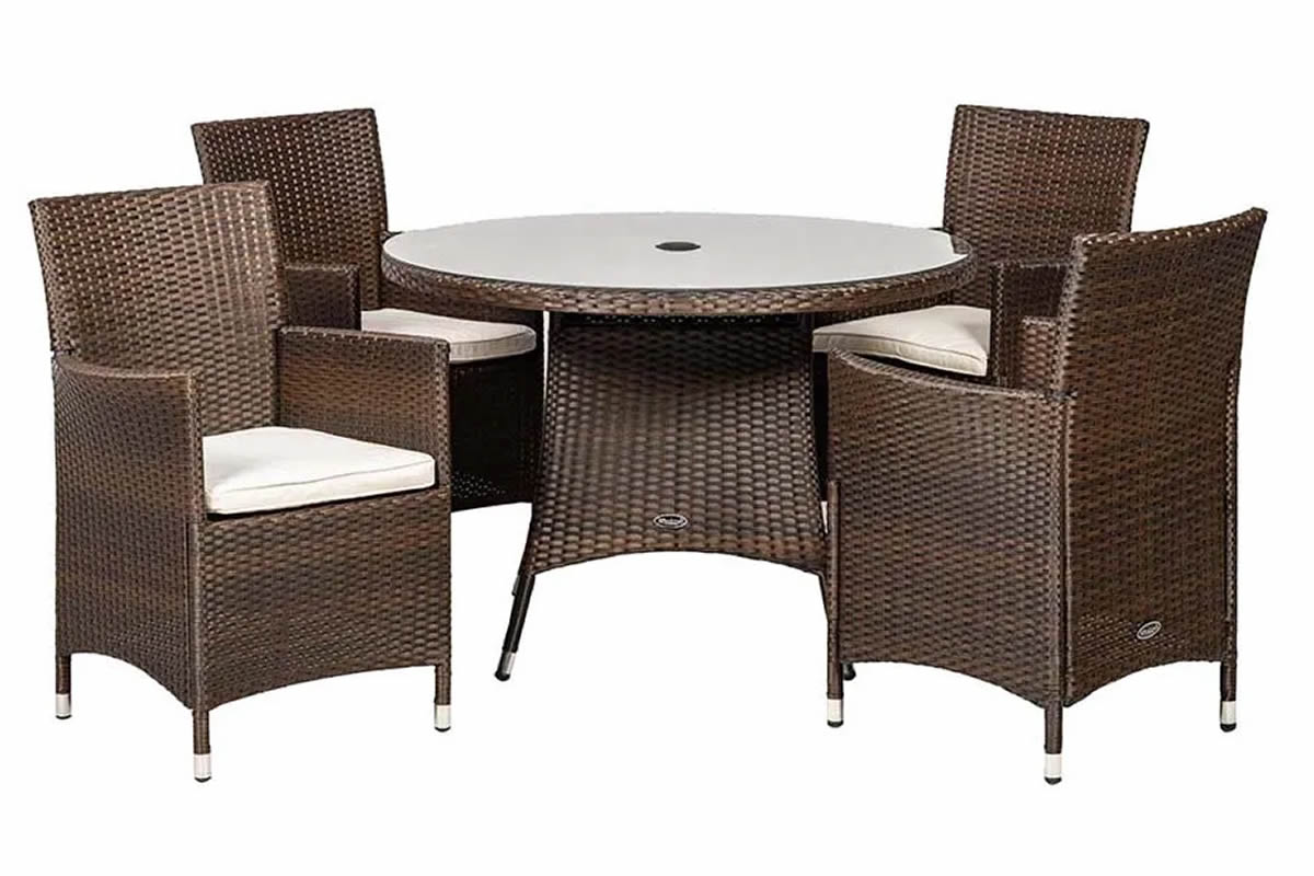 View Brown Synthetic Rattan 4 Seater Patio Dining Set 4 High Back Stacking Chairs Cream Seat Cushions Round Table With Glass Top Cannes information