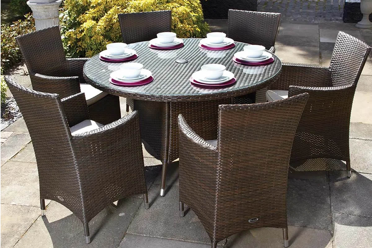 View Brown Synthetic Rattan 6 Seater Patio Dining Set 6 High Back Stacking Chairs Cream Seat Cushions Round Table With Glass Top Cannes information