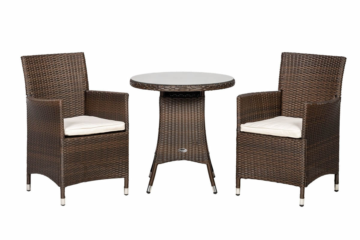 View Nevada Brown 2 Seater Outdoor Garden Round Bistro Dining Set Inset Glass Table Top Deeply Padded Weather Resistant Seat Cushions information