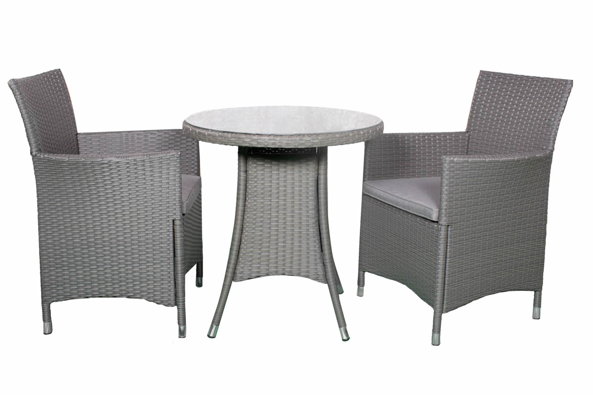 View Nevada Grey 2 Seater Outdoor Garden Round Bistro Dining Set Inset Glass Table Top Deeply Padded Weather Resistant Seat Cushions information