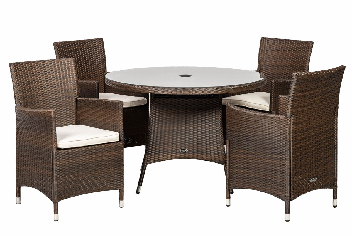 View Nevada Brown Rattan Round Patio Garden Dining Set Consists Of 4 Rattan High Back Armchairs Deeply Padded weather Resistant Seat Cushions information