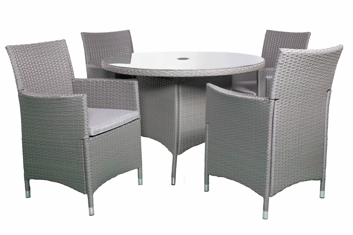 View Nevada Grey Rattan Round Patio Garden Dining Set Consists Of 4 Rattan High Back Armchairs Deeply Padded weather Resistant Seat Cushions information