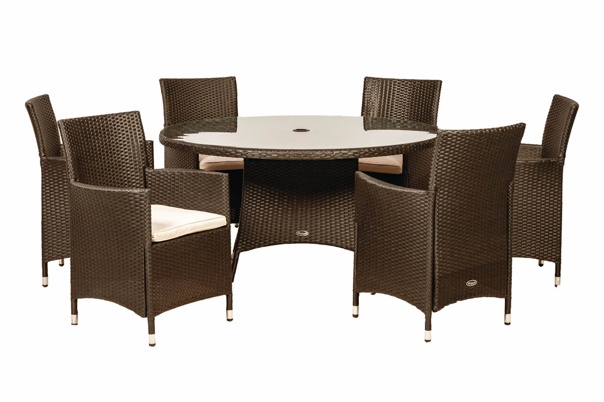 View Nevada Brown Rattan Round Patio Garden Dining Set Consists Of 6 Rattan High Back Armchairs Deeply Padded weather Resistant Seat Cushions information