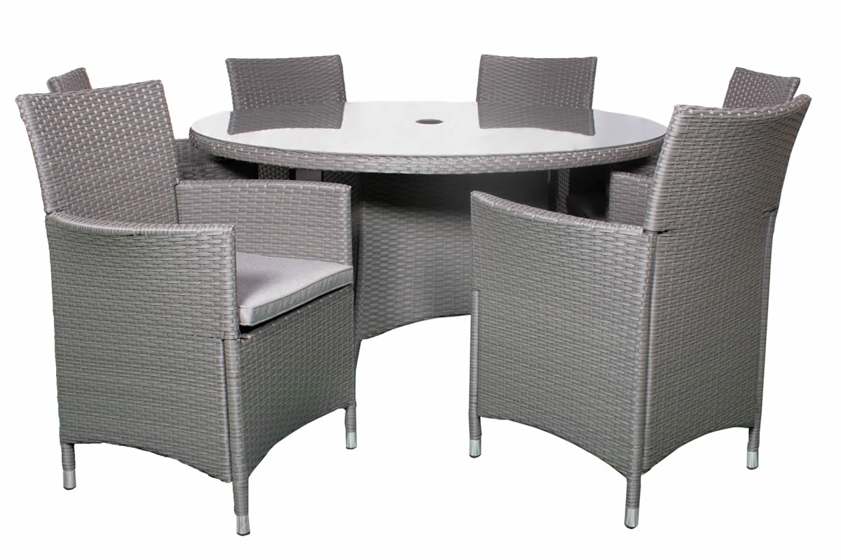 View Nevada Grey Rattan Round Patio Garden Dining Set Consists Of 6 Rattan High Back Armchairs Deeply Padded weather Resistant Seat Cushions information